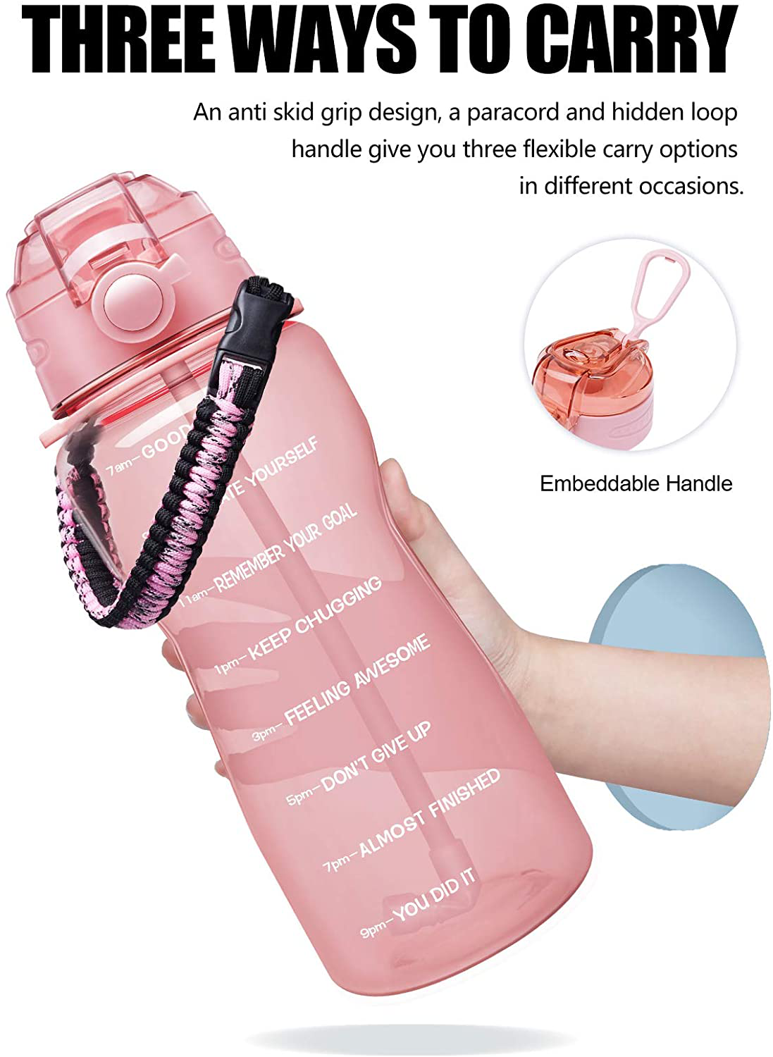 Fidus Large Half Gallon/64OZ Motivational Water Bottle with Paracord Handle & Removable Straw - BPA Free Leakproof Water Jug with Time Marker to Ensure You Drink Enough Water Daily