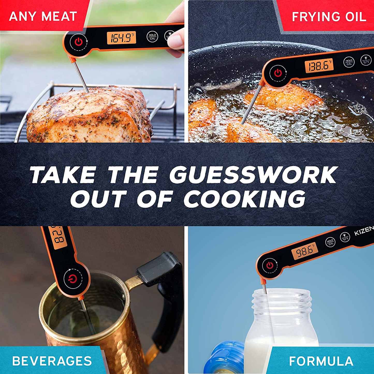 Kizen Digital Meat Thermometers for Cooking - Waterproof Instant Read Food Thermometer for Meat, Deep Frying, Baking, Outdoor Cooking, Grilling, & BBQ (Orange/Black)