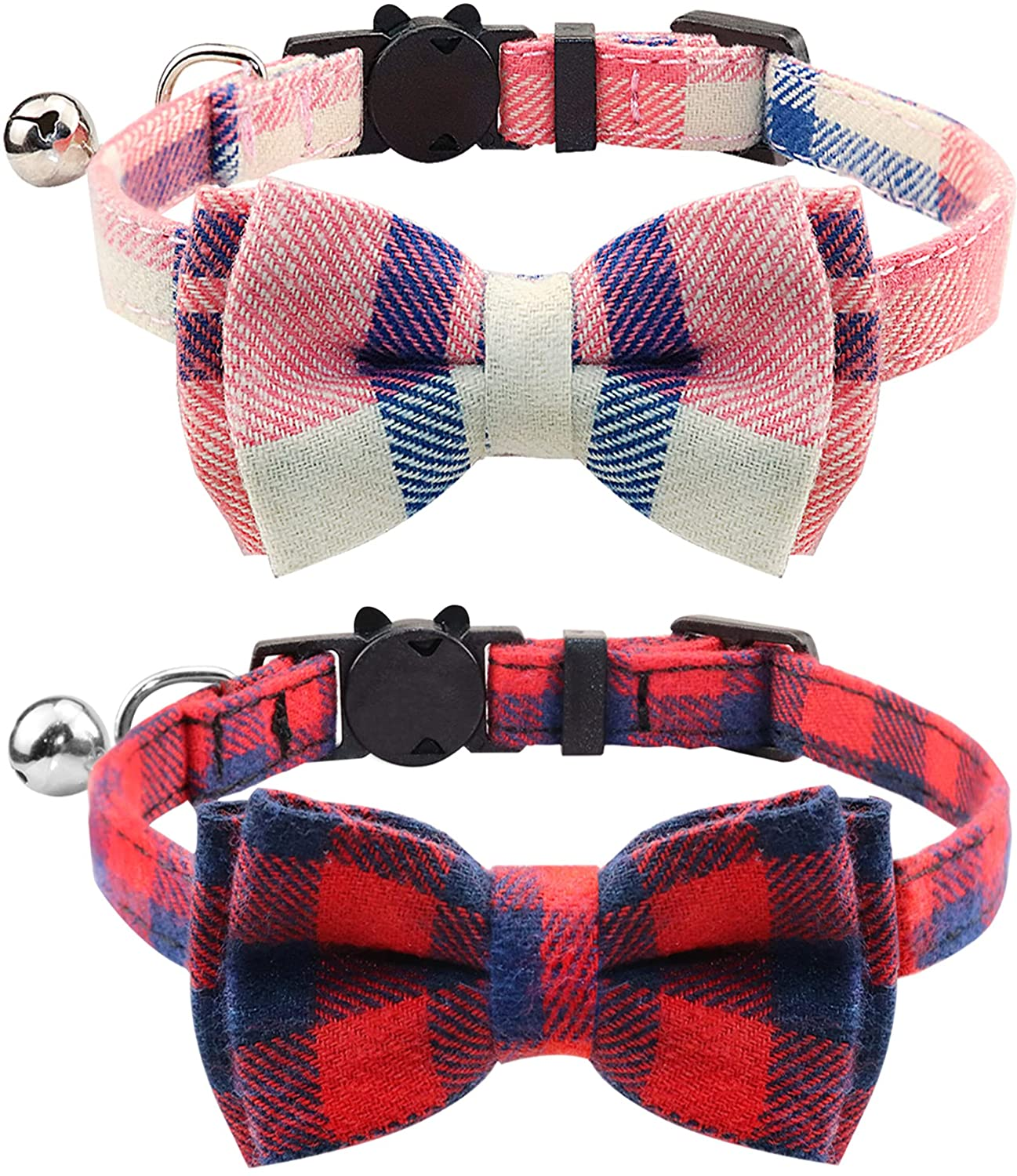 Joytale Breakaway Cat Collar with Bow Tie and Bell, Cute Plaid Patterns, 1 Pack Kitty Safety Collars,Haze Blue