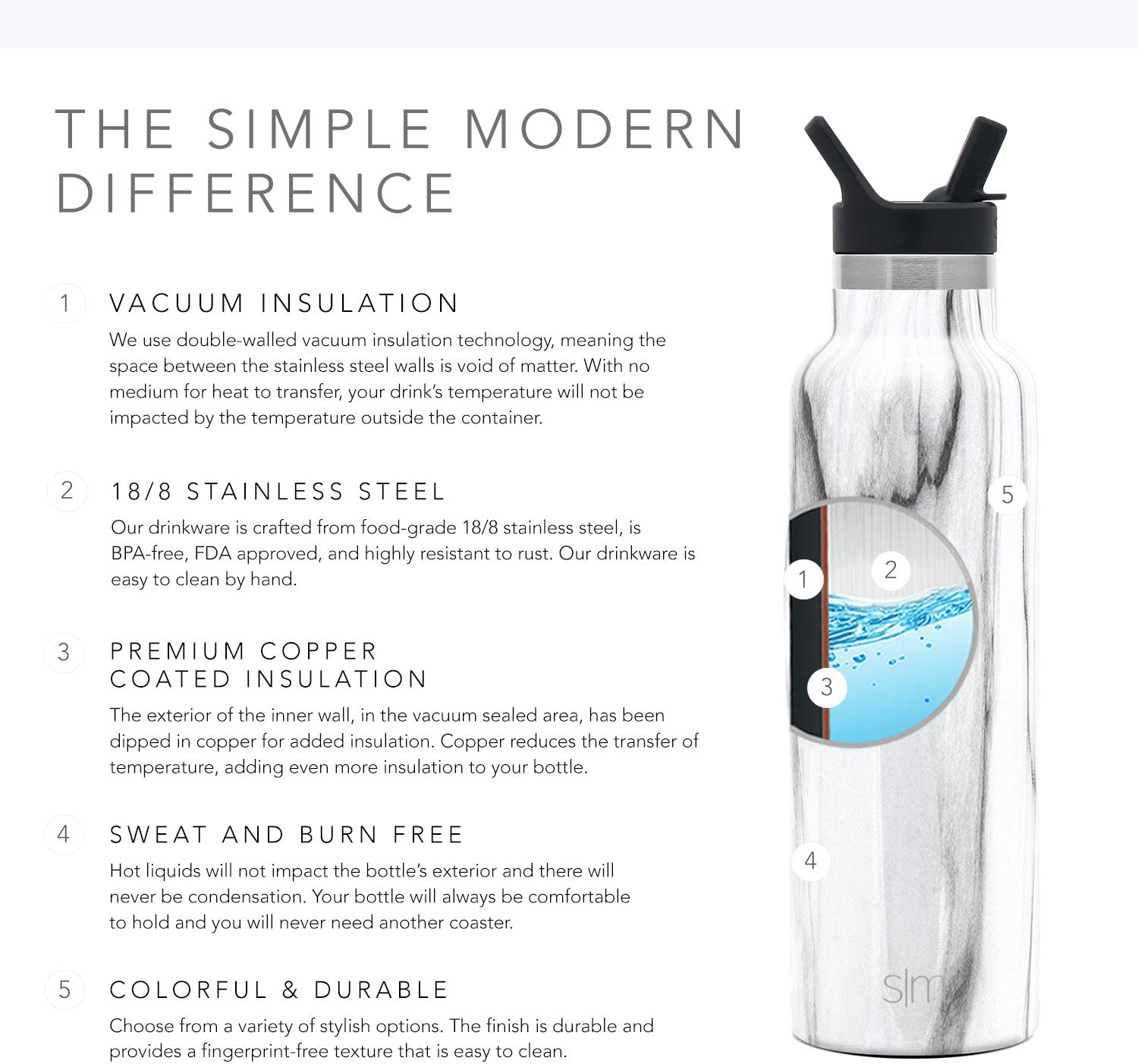 Simple Modern 20oz Ascent Water Bottle with Straw Lid - Stainless Steel Hydro Tumbler Flask - Double Wall Vacuum Insulated Small Reusable Metal Leakproof Pattern: Carrara Marble