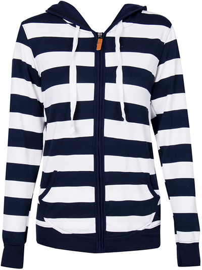LOOLY Women Plain Zipper Spring Hoodie Striped Hooded Jacket (Thin)