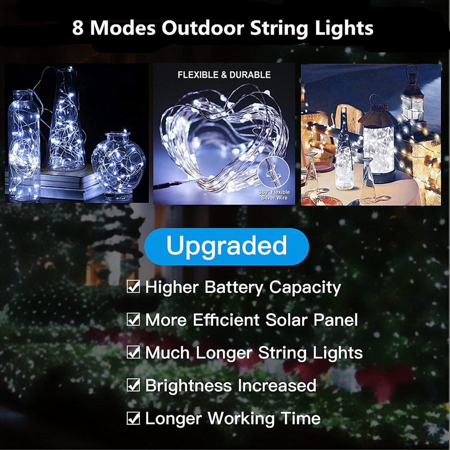 Solar String Lights, Juhefa 2-Pack 33FT 100 Leds Silver Wire Decorative Fairy Lights, Waterproof Outdoor Garden Lights with 8 Modes for Patio Yard Tree Wall Decor (White)