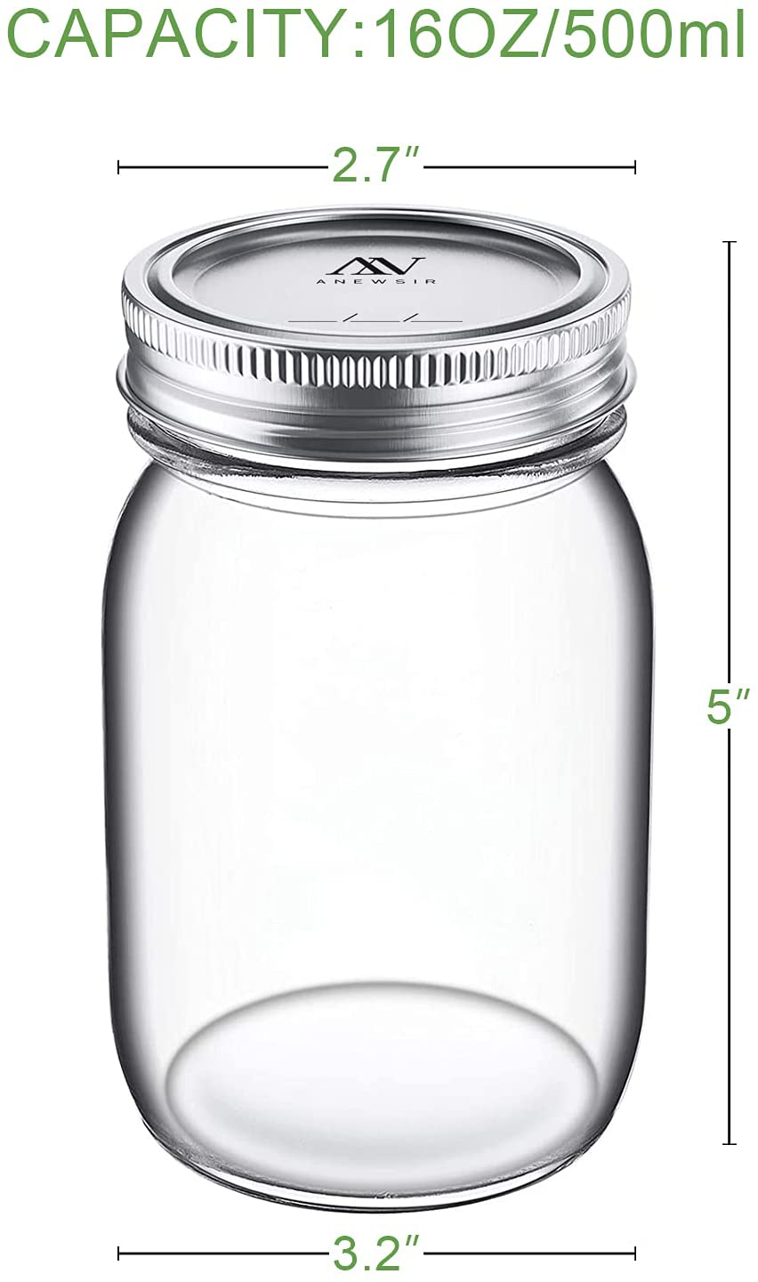 Mason Jars 16OZ, 6 Pack Regular Mouth Jars with Lids and Bands (Split-Type),Extra 24 Lids--Silver