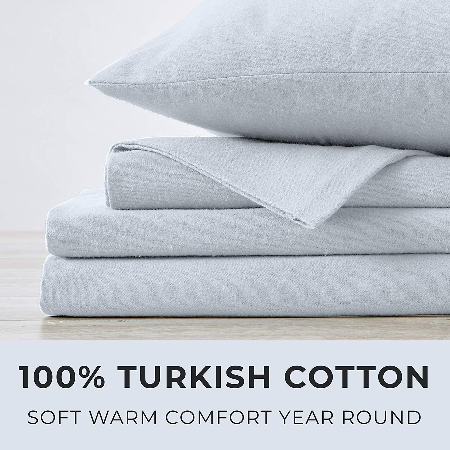 Great Bay Home Extra Soft 100% Turkish Cotton Flannel Sheet Set. Warm, Cozy, Heavyweight, Luxury Winter Deep Pocket Bed Sheets in Solid Colors. Nordic Collection (Queen, Pearl Blue)