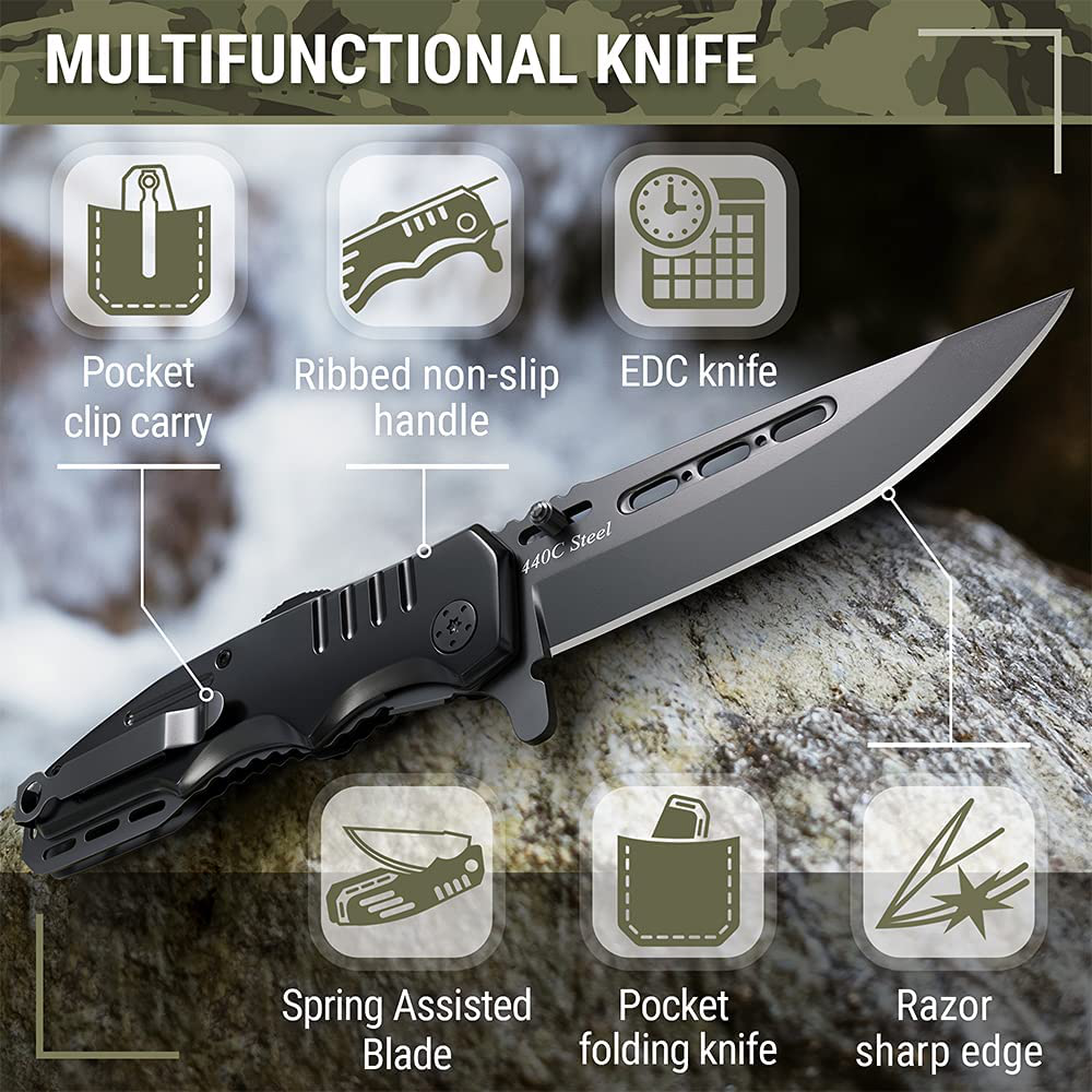 Spring Assisted Knife - Pocket Folding Knife - Military Style - Boy Scouts Knife - Tactical Knife - Good for Camping Hunting Survival Indoor and Outdoor Activities Mens Gift