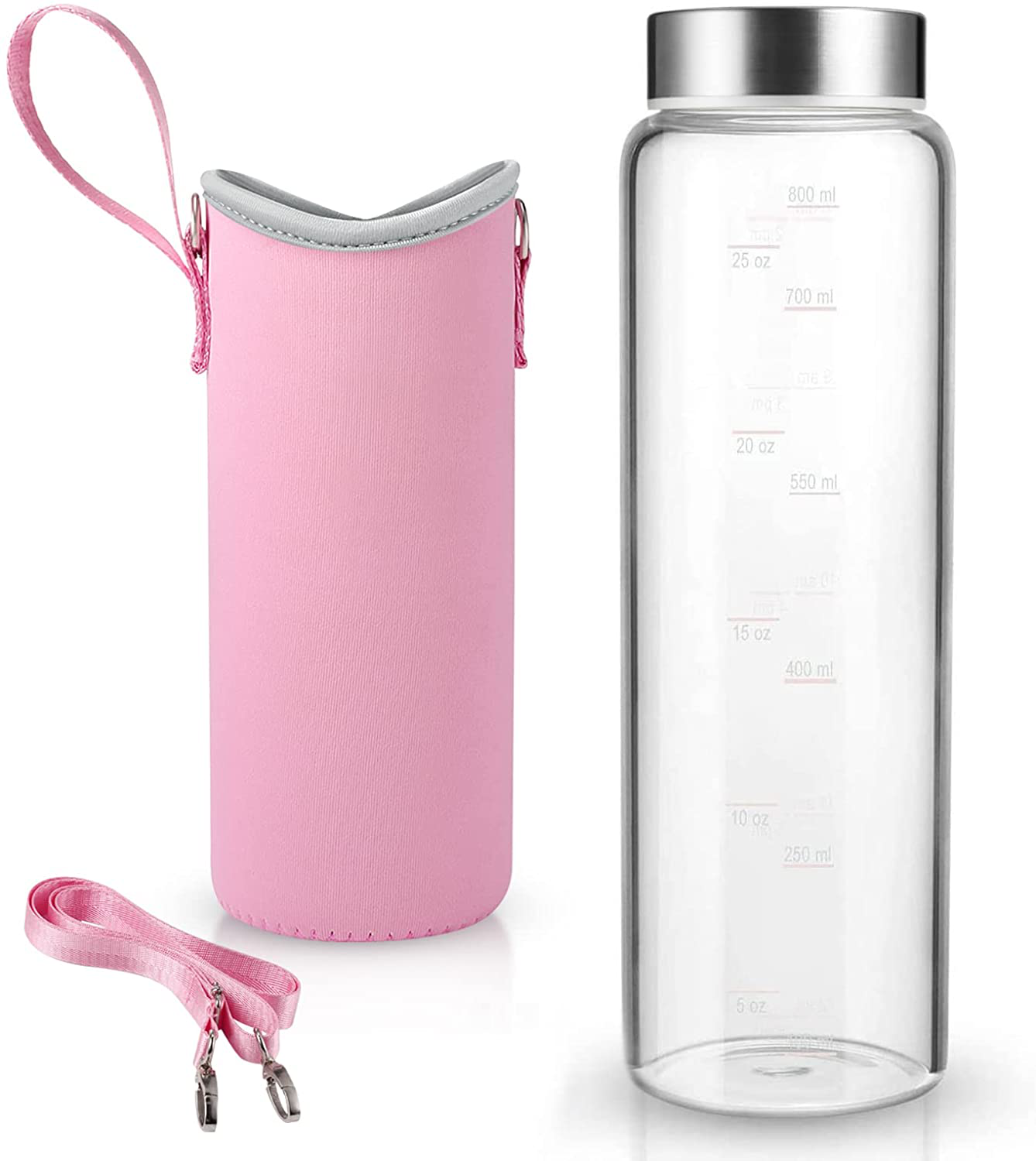 32 Oz Glass Water Bottle - Nylon Bottle Protection Sleeves, Bamboo Lid, and 1L Time Marked Measurements, Reusable, Eco-Friendly, Safe for Hot Liquids Tea Coffee Daily
