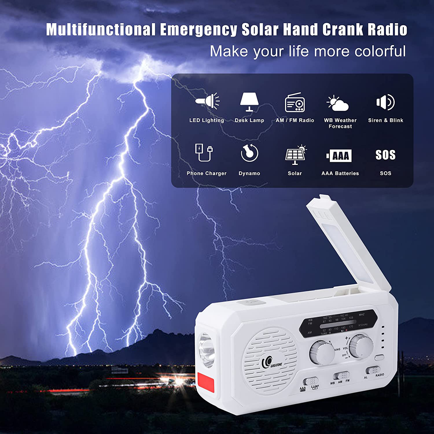 GREATONE Weather Radio Emergency Solar Crank Radio with Flashlight and Reading Lamp,AM/FM/NOAA Protable Weather Radio for Home and Outdoor,5000mAh Power Bank SOS Alarm