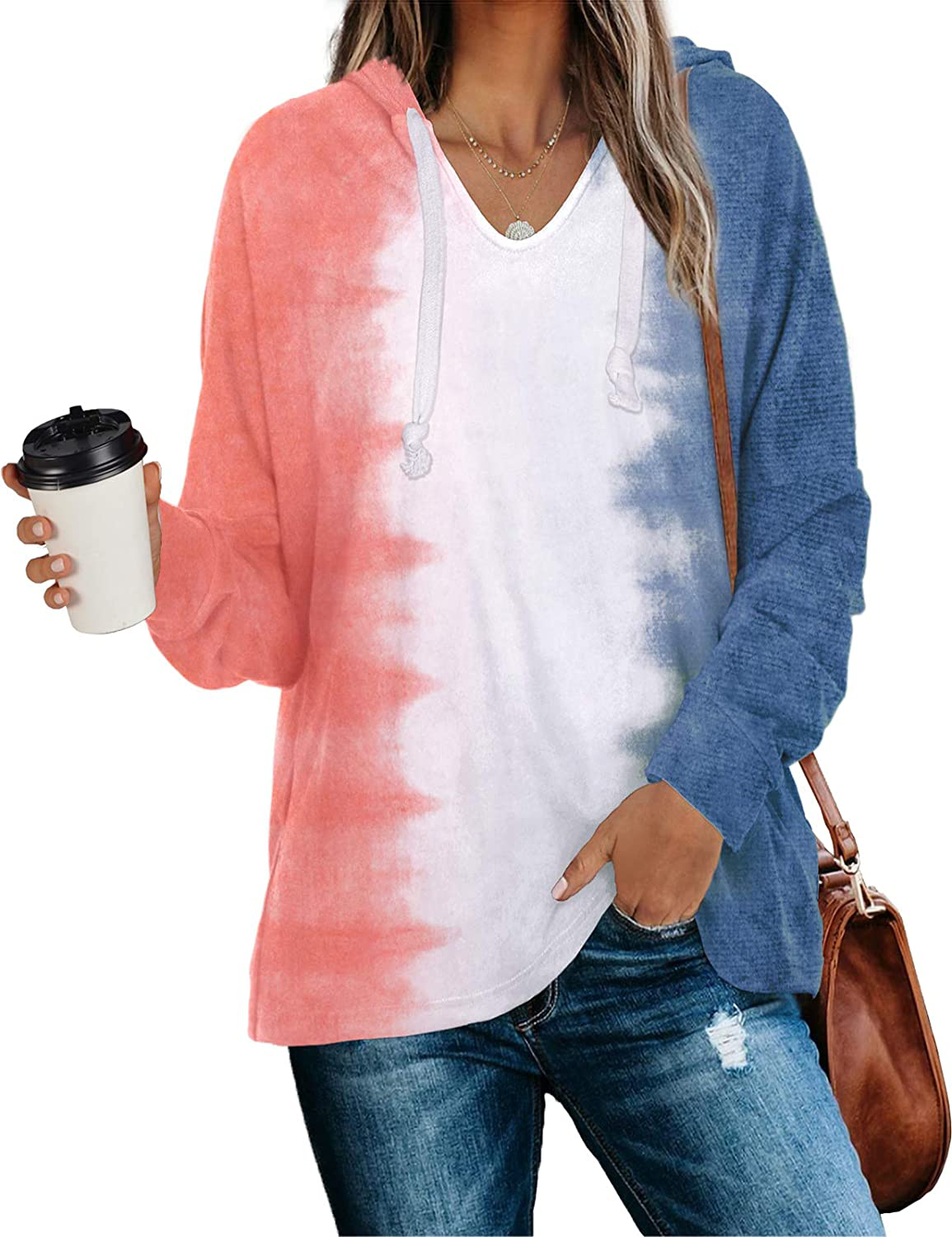 WIHOLL Women's V Neck Hoodie Sweatshirts Tie Dye Casual Long Sleeve Pullover Tops