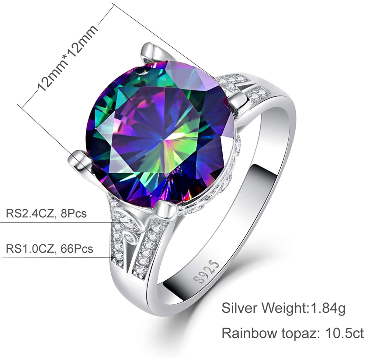 925 Sterling Silver Rings for Her 10.5Ct round Cut Created Mystic Rainbow Topaz Cubic Zirconia CZ Solitaire Promise Engagement Ring