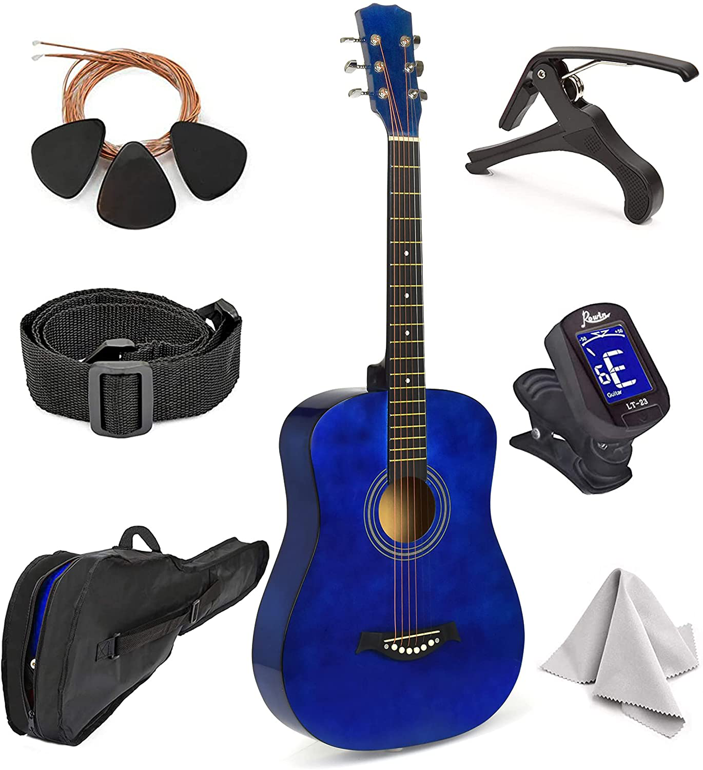 Master-Play Beginner Wood Acoustic Guitar 38” for Boys/Girls/Teens with Accessories Kit, Case, Strap, Pick, Digital Tuner, Extra Strings, Capo, Wash Cloth