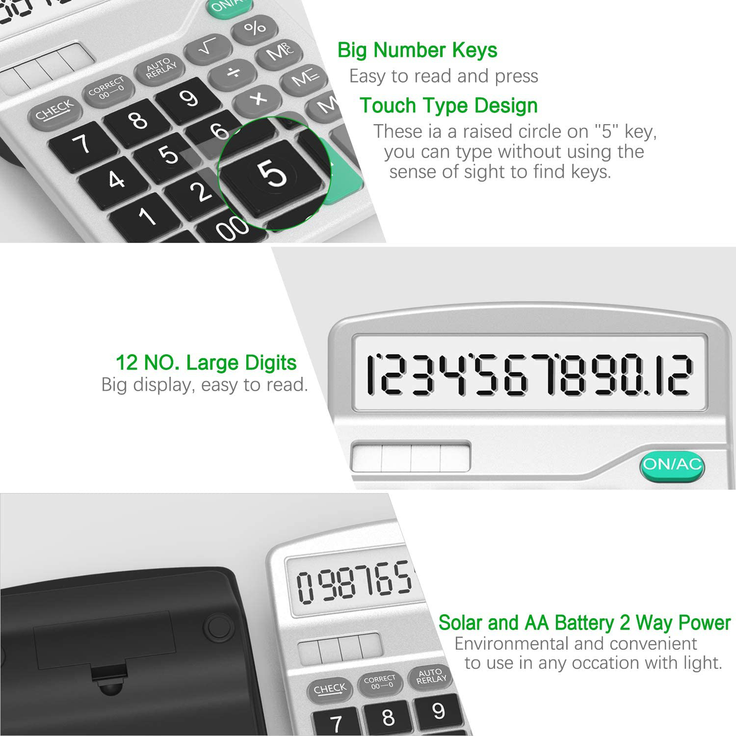 Calculator, Splaks Standard Functional Desktop Calculator Solar and AA Battery Dual Power Electronic Calculator with 12-Digit Large Display (2 Updated Silver)