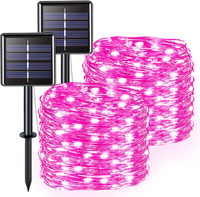 JMEXSUSS Pink Solar Fairy Lights, 2 Pack Each 33ft 100 LED Solar String Lights Outdoor Waterproof, 8 Modes Cooper Wire Solar Fairy Lights for Party Patio Garden Yard Christmas