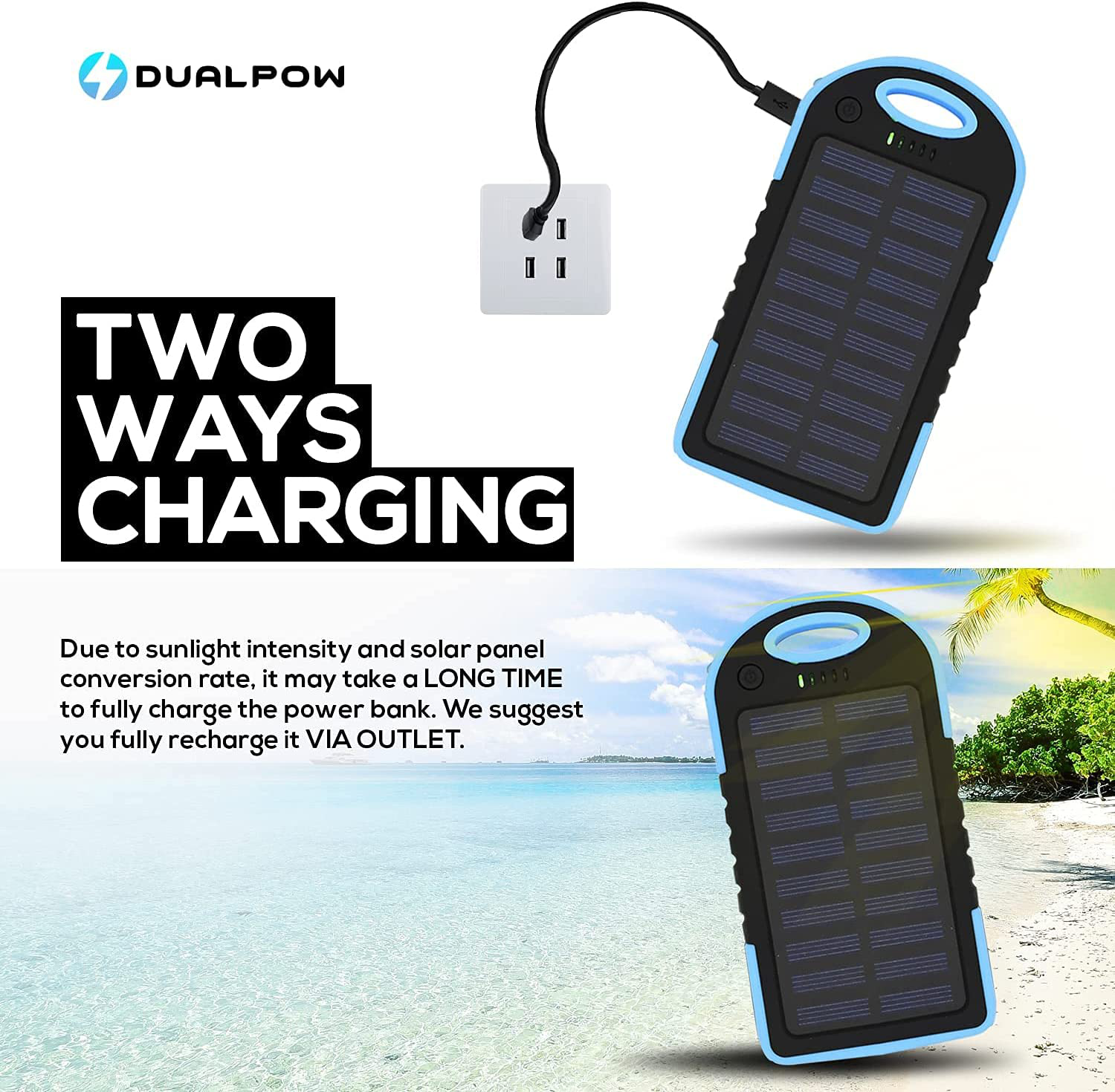 Solar Charger 6,000mAh, Dualpow Portable Dual USB Solar Battery Charger External Battery Pack Phone Charger Power Bank with 20 LEDs Flashlight