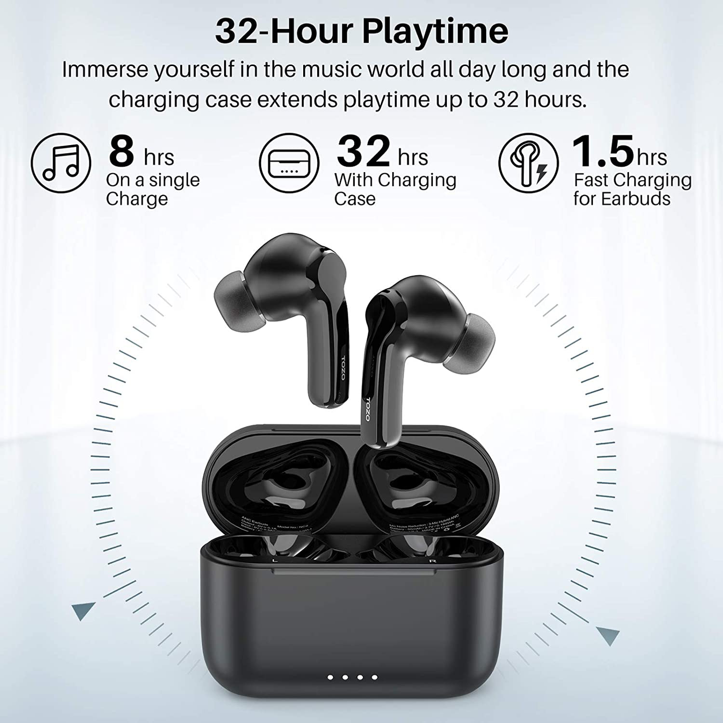 TOZO NC2 Hybrid Active Noise Cancelling Wireless Earbuds, In-Ear Detection Headphones, IPX6 Waterproof Bluetooth 5.2 Stereo Earphones, Immersive Sound Premium Deep Bass Headset, Black