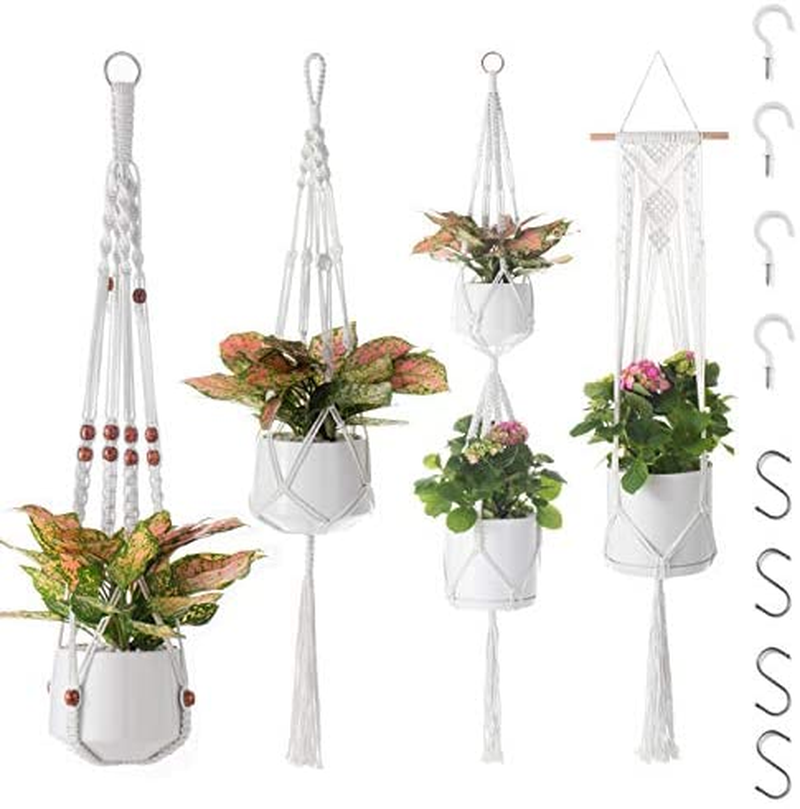 Set of Indoor Hanging Planter Basket with Hooks Handmade Cotton Rope Flower Pot Holder for Indoor Outdoor Home Decor with 6 Hooks
