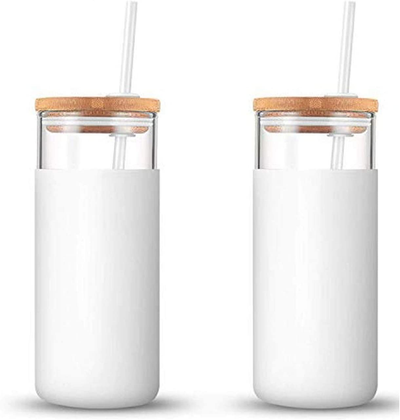 tronco 20oz Glass Tumbler Straw Silicone Protective Sleeve Bamboo Lid - BPA Free(White/2-Pack)