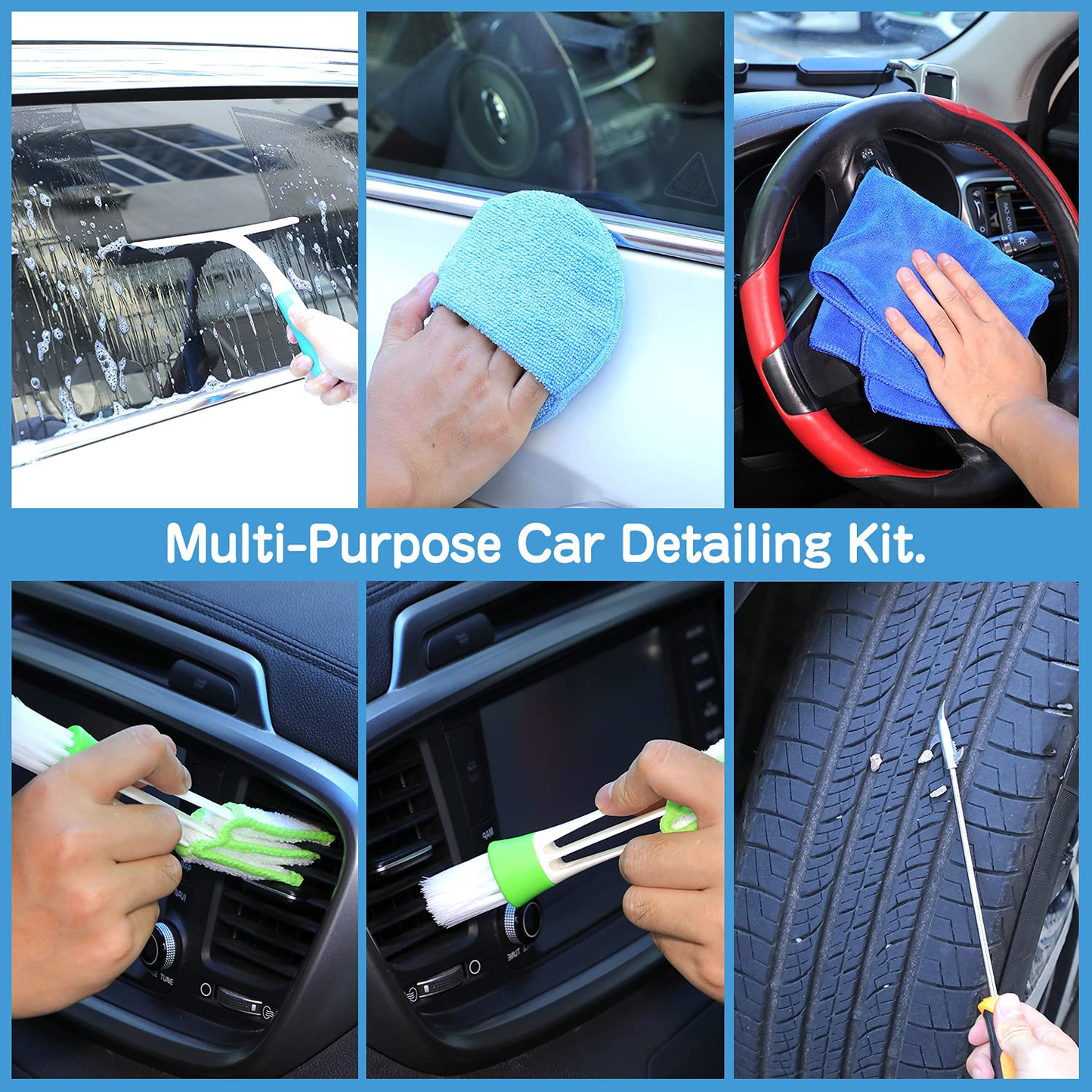 YOMIKI Car Wash Kit, Car Cleaning Tools Set Car Detailing Kit with Collapsible Bucket Wash Mitt Drying Towels Tire Brush Window Scraper Duster for Exterior Car Washing and Car Interior Cleaning