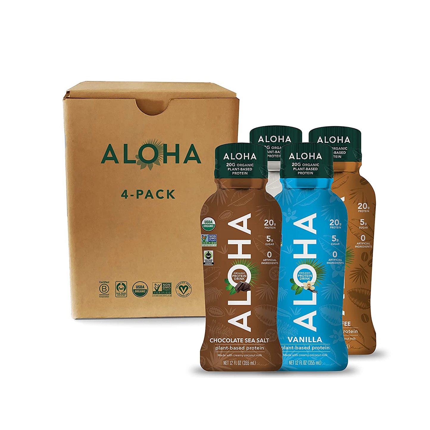 ALOHA Organic Plant Based Ready to Drink Protein Shake W/Mct Oil Variety Pack (4Ct, 12Oz Bottle) 20G Protein, Meal Replacement, Low Sugar & Carb, Gluten-Free, Paleo, Non-Gmo, No Soy, Stevia or Sugar Alcohol…