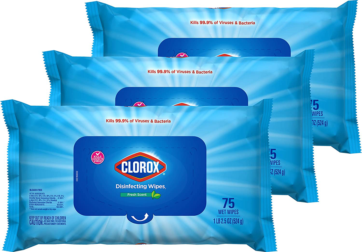 Clorox Disinfecting Wipes, Bleach Free Cleaning Wipes, Fresh Scent, Moisture Seal Lid, 75 Wipes, Pack of 3 (New Packaging)