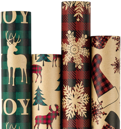 RUSPEPA Christmas Wrapping Paper, Kraft Paper - 4 Rolls - 30 Inches X 10 Feet per Roll