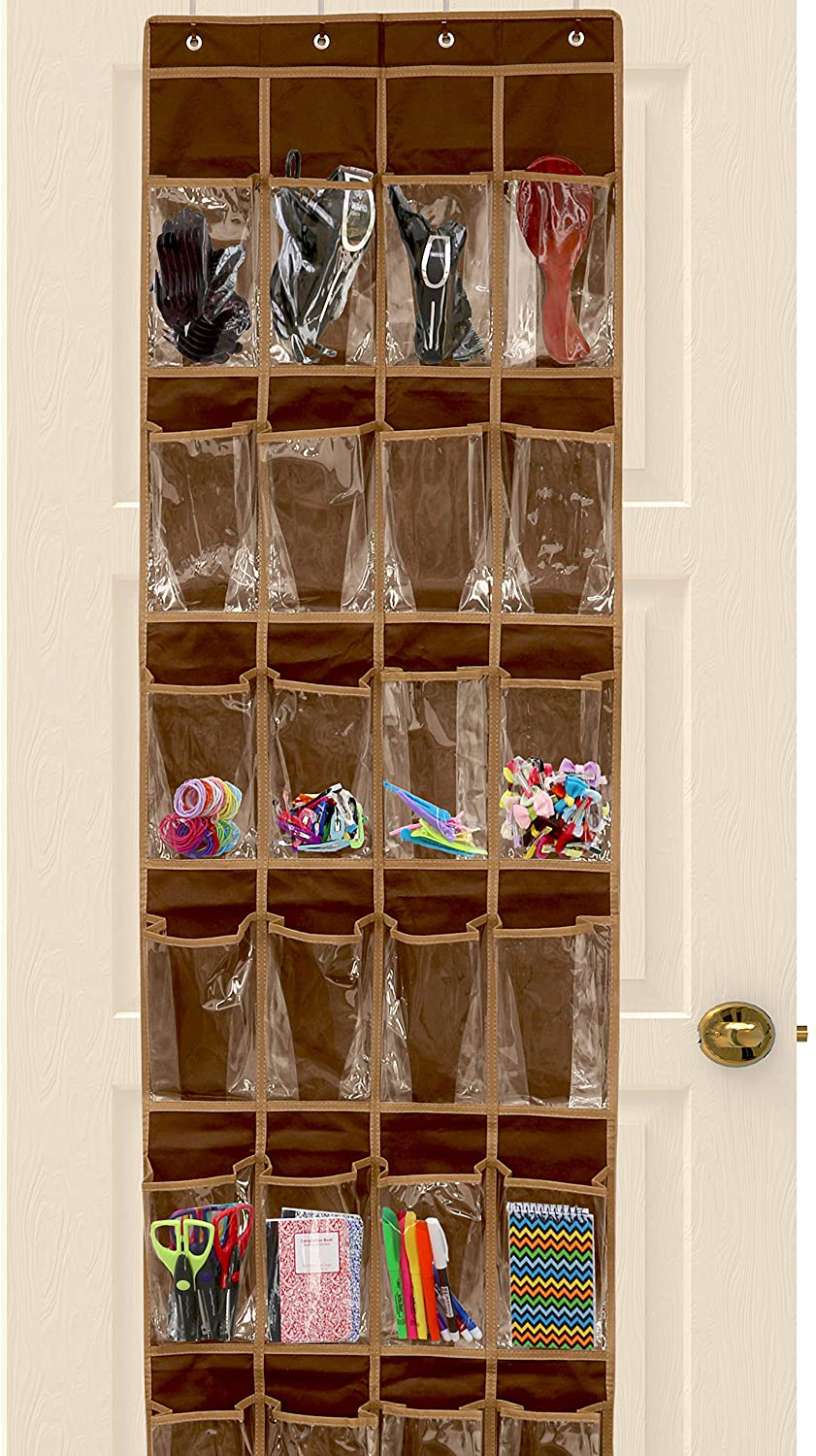 24 Pockets - SimpleHouseware Crystal Clear Over The Door Hanging Shoe Organizer, Brown