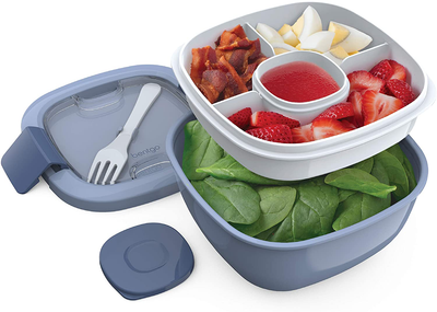 Bentgo Salad - Stackable Lunch Container with Large 54-oz Salad Bowl, 4-Compartment Bento-Style Tray for Toppings, 3-oz Sauce Container for Dressings, Built-In Reusable Fork & BPA-Free (Slate)
