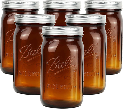 Amber Mason Jars 32 oz Wide Mouth Quart Mason Jars with Lids for Pickling, Fermenting, Decor, Storage - Large Colored Canning Jars, Airtight Lid, Freezer Safe