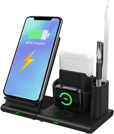 4-in-1 Wireless Charger Station, Fast Wireless Charging Stand for Iphone 12/12 Pro/12 Pro Max/11/Xr/Xs/X/8/8 Plus, Pencil Apple Iwatch Series SE/6/5/4/3/2 Airpods Pro/2, Samsung Galaxy S10/S9/S8