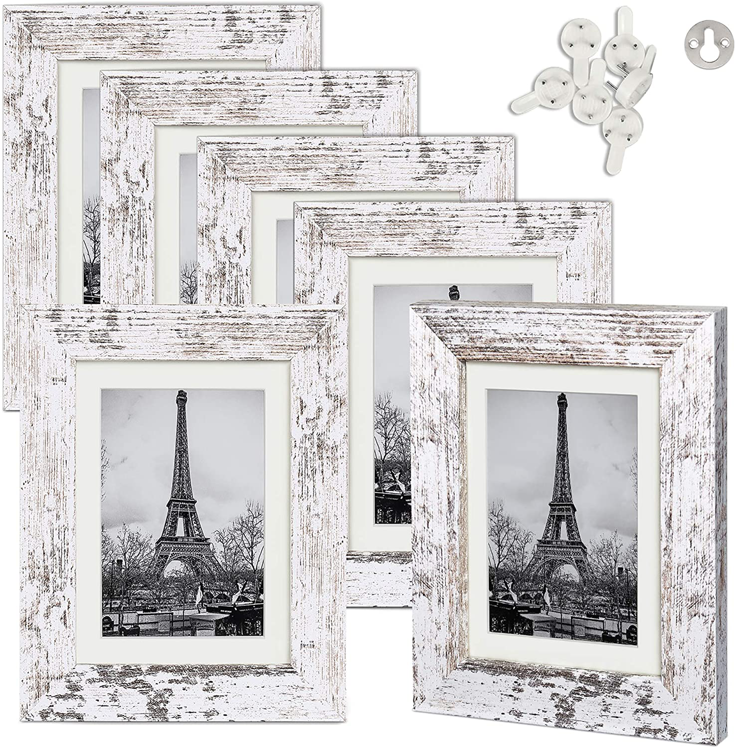 upsimples 5x7 Picture Frame Distressed White with Real Glass,Display Pictures 4x6 with Mat or 5x7 Without Mat,Multi Photo Frames Collage for Wall or Tabletop Display,Set of 6