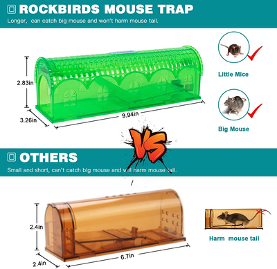 Humane Mouse Traps 2 Pack - ROCKBIRDS High-Efficiency Mouse Traps Indoor, Catch & Release Reusable for Indoor and Outdoor Use, Safe for Kids and Pets(9.94Inch)