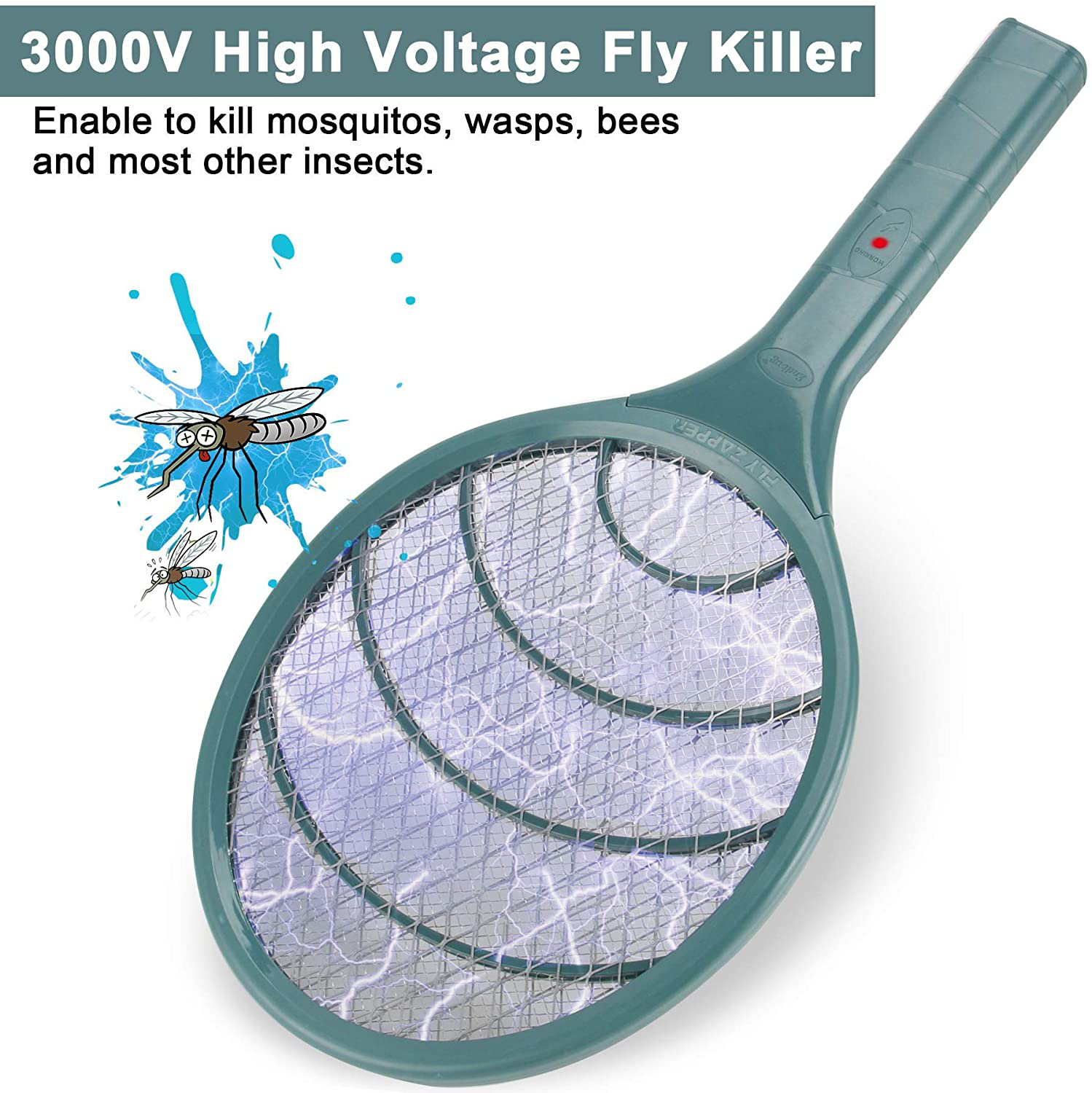 Electronic Fly Swatter 3000 Volt Mosquito Killer Bee Bugs Zapper Racket Pests Insects Control Fly Killer for Indoor Outdoor (Green)