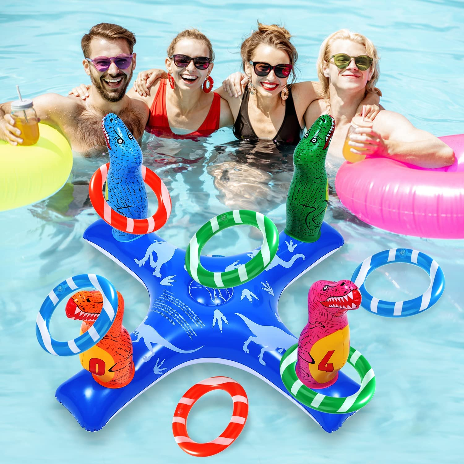 Inflatable Pool Ring Toss Games, Flamingo Pool Games Shark Pool Toys with 6Pcs Rings, Pool Ring Toss Games for Kids and Adults