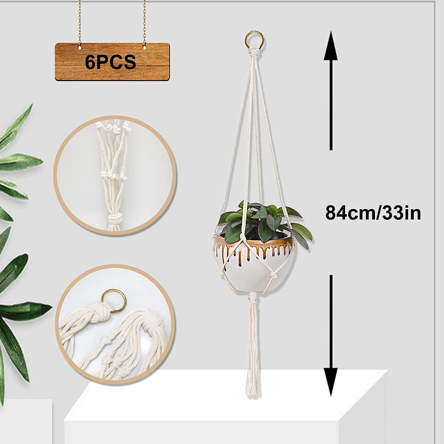 6 Pieces Macrame Plant Hanger Indoor Outdoor Hanging Planter Basket Flower Pot Holder Rope with Durable Metal Ring Joint for Modern Boho Home Decor 29.5 Inch