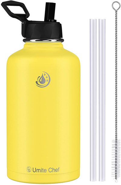 Umite Chef Water Bottle, Vacuum Insulated Wide Mouth Stainless-Steel Sports 32OZ Water Bottle with New Wide Handle Straw Lid,Hot Cold, Double Walled Thermo Mug Yellow