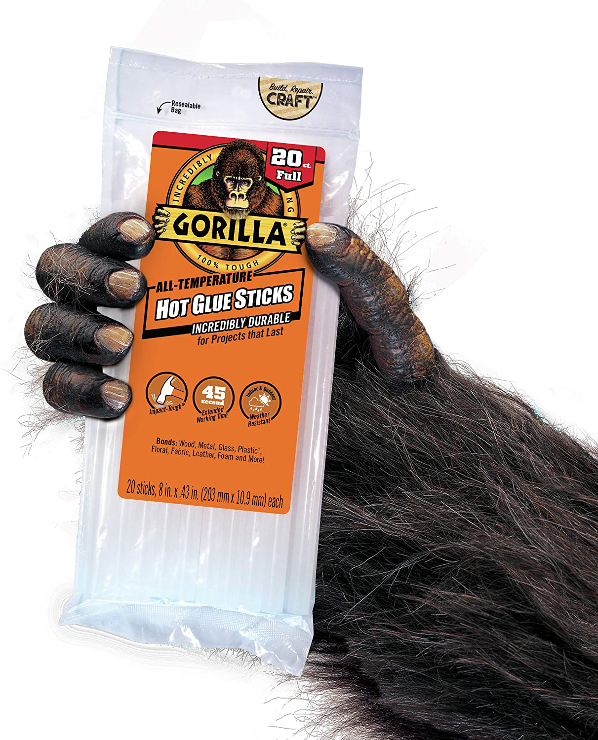 Gorilla Hot Glue Sticks, Full Size, 8" Long x .43" Diameter, 20 Count, Clear, (Pack of 1) 