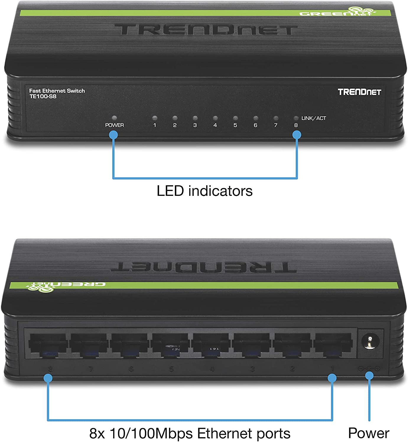 Trendnet 8-Port Unmanaged 10/100 Mbps Greennet Ethernet Desktop Switch, TE100-S8, 8 X 10/100 Mbps Ethernet Ports, 1.6 Gbps Switching Capacity, Plastic Housing, Network Ethernet Switch, Plug & Play Black