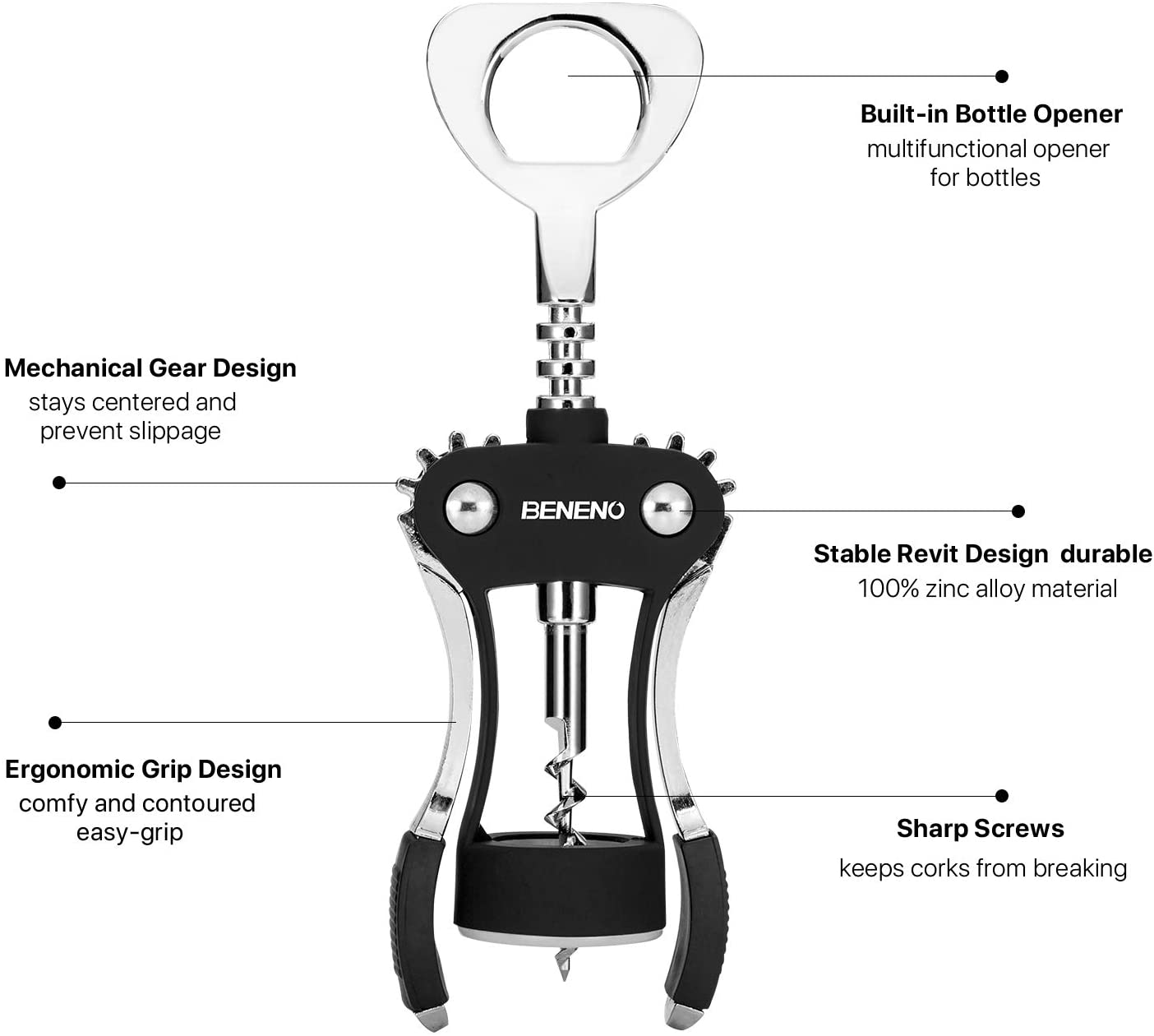 Wine Opener, Zinc Alloy Premium Wing Corkscrew Wine Bottle Opener with Multifunctional Bottles Opener, Upgrade - Black