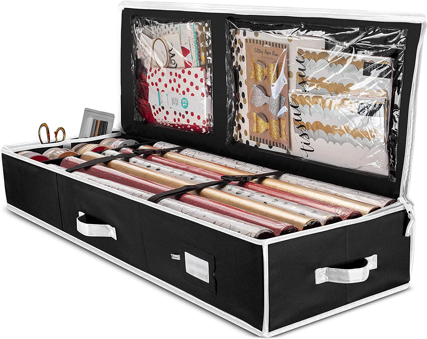 ZOBER Premium Wrap Organizer, Interior Pockets, Fits 18-24 Standers Rolls, Underbed Storage, Wrapping Paper Storage Box and Holiday Accessories, 40” Long - Tear-Proof Fabric - 5-Year Warranty