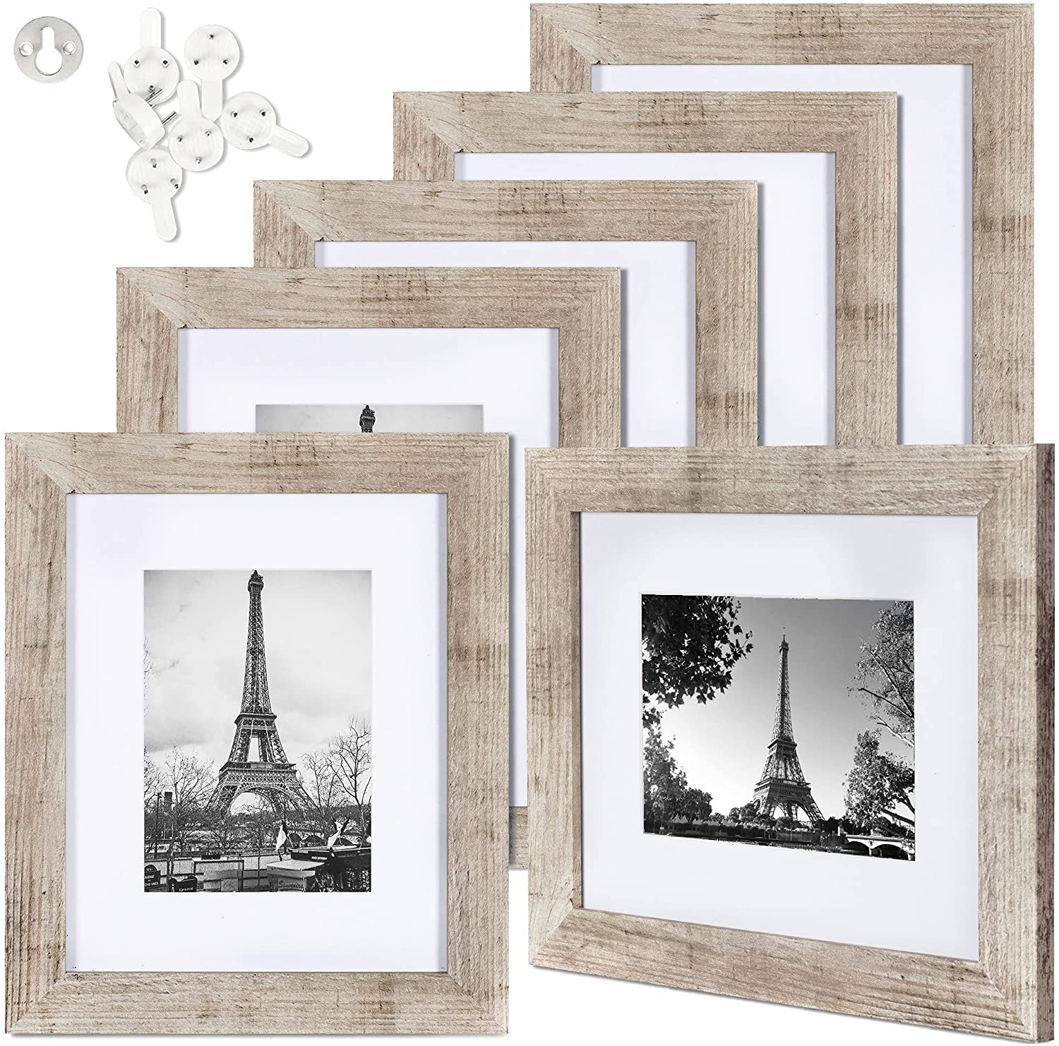 upsimples 8.5x11 Picture Frame Distressed White with Real Glass,Display Pictures 6x8 with Mat or 8.5x11 Without Mat,Multi Photo Frames Collage for Wall or Tabletop Display,Set of 6