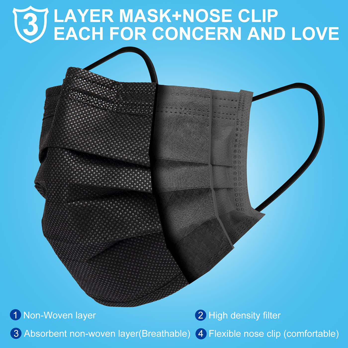 ZTANPS Face Mask,Pack of 50 Black Disposable Face Mask for Men & Women