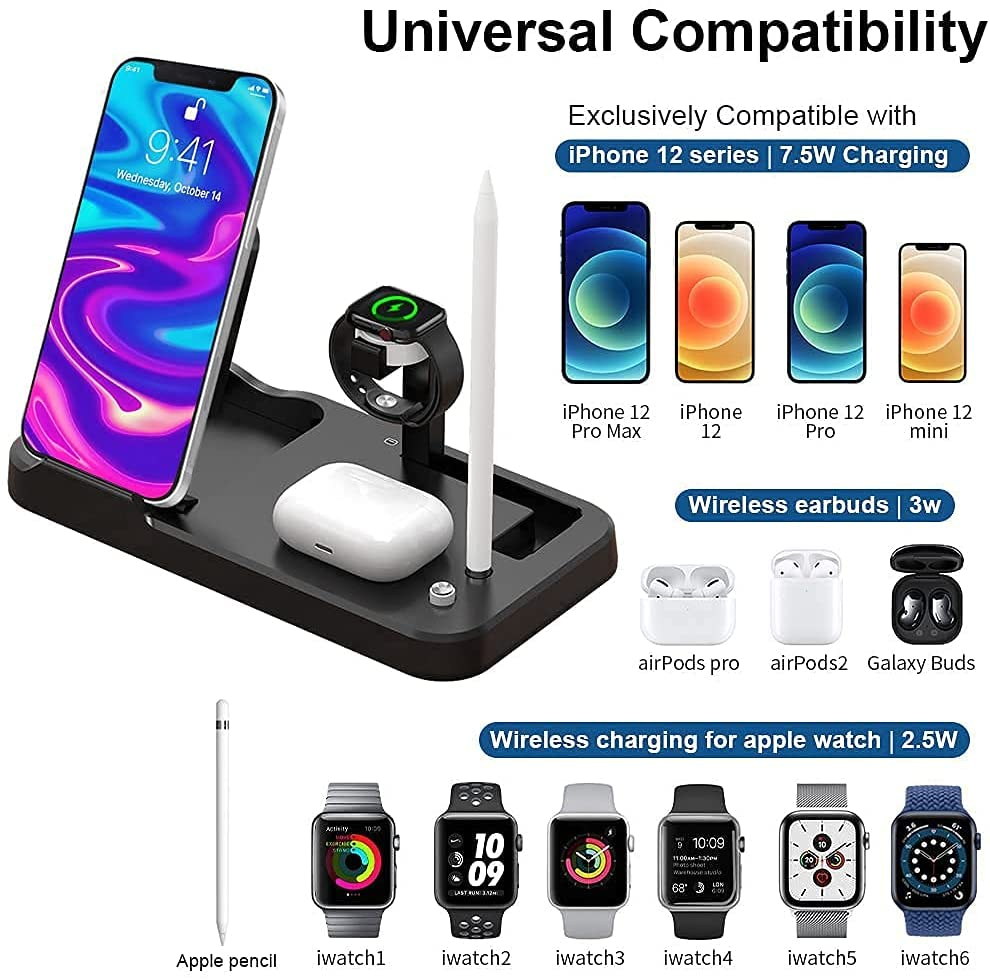 Wireless Charger 4 in 1, Fast Dock Charging Station for Iwatch Series SE/6/5/4/3/2/1, Airpods Pro and Pencil, Iphone 13/12/11/ Pro Max/Xr/Xs Max/X(Qc 3.0 Adapter Included)