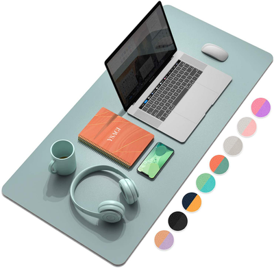 YSAGi Multifunctional Office Desk Pad, Ultra Thin Waterproof PU Leather Mouse Pad, Dual Use Desk Writing Mat for Office/Home (35.4" x 17", Glaucous Green+Orange)