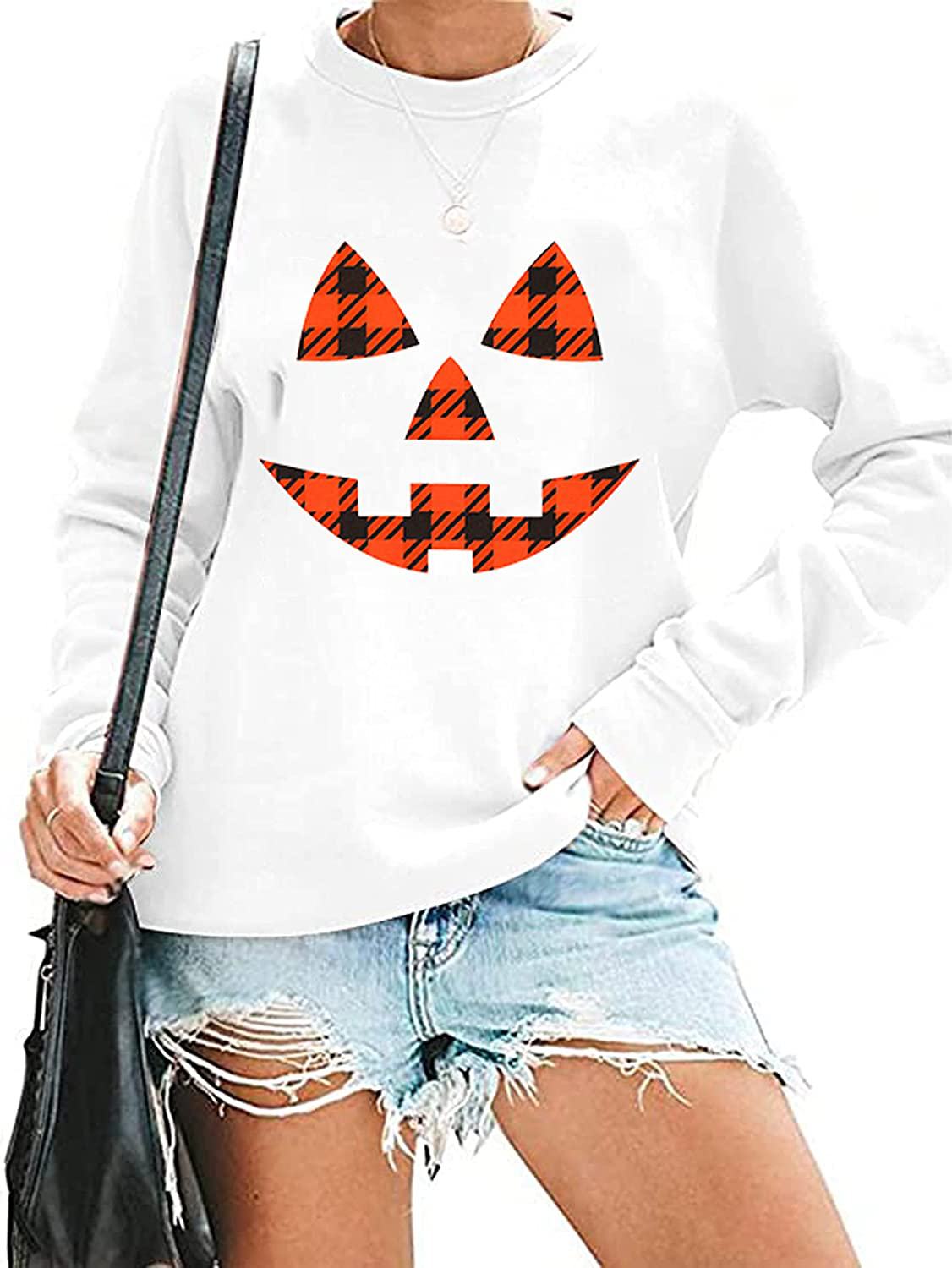 Women's Halloween Pumpkin Face Long Sleeve Sweatshirts Lightweight Casual Pullover Tops