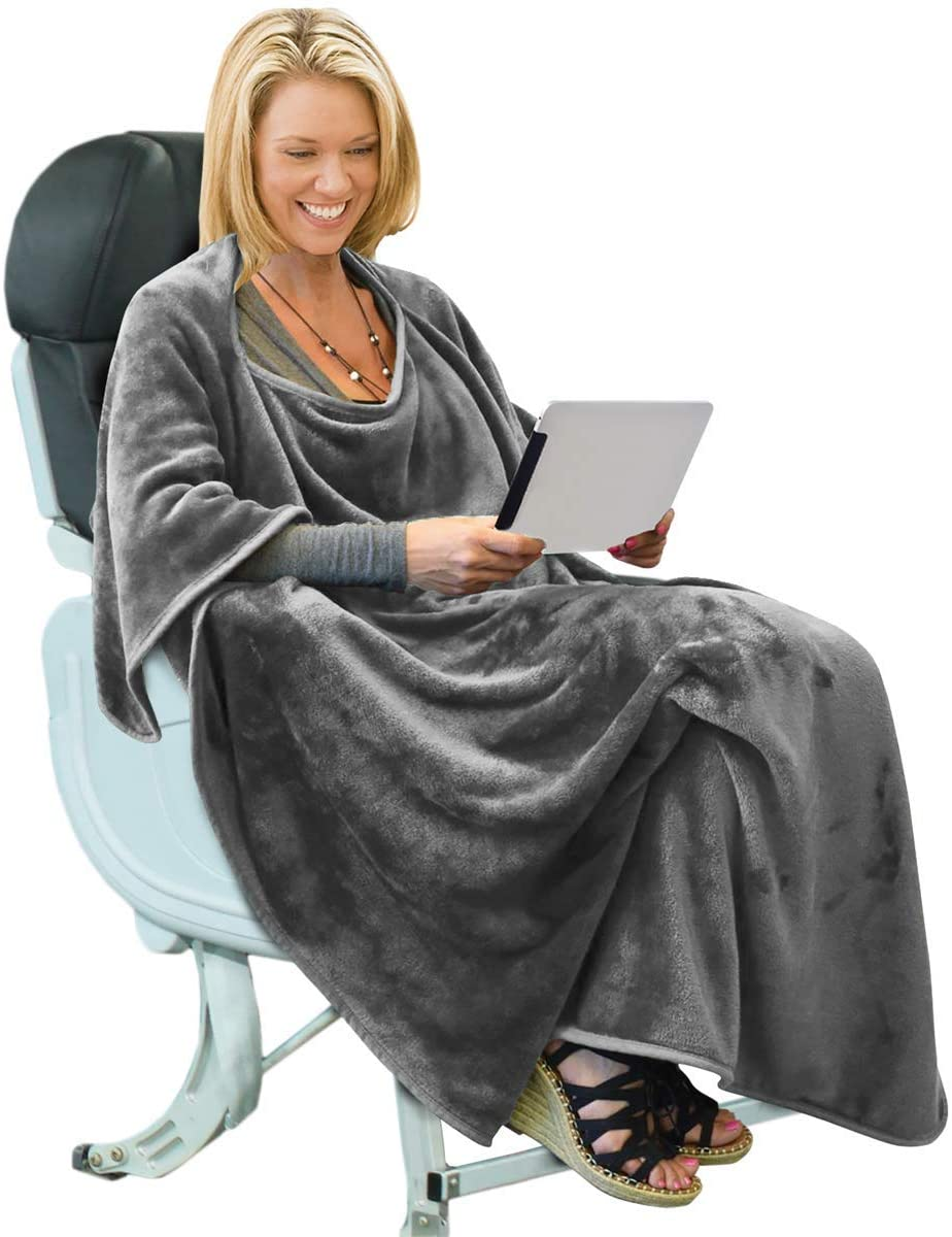 Travel Blanket Airplane Office 4 in 1 Premium Cozy Mink Fleece Wearable Poncho Portable Blankets with Pocket & Built-In Bag