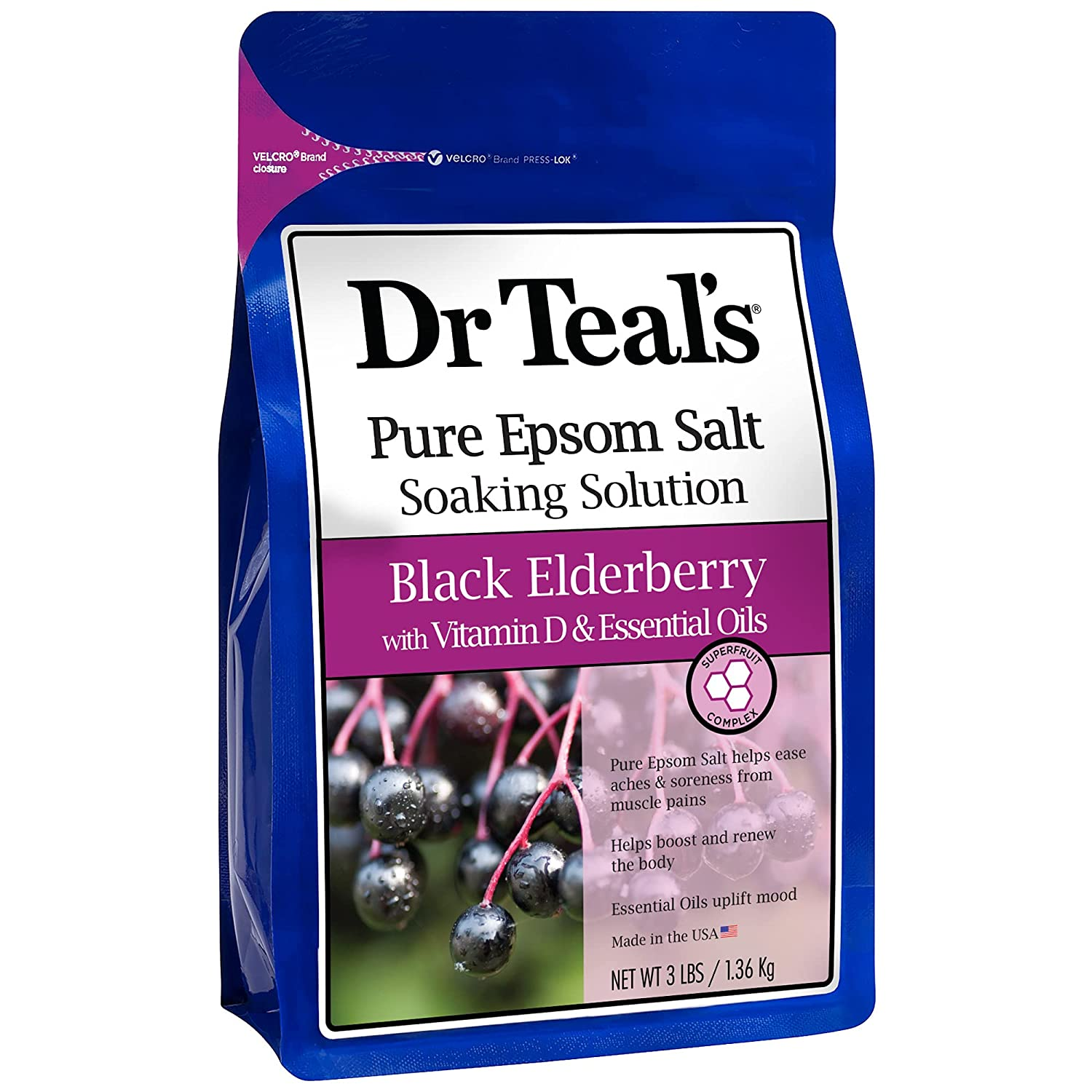 Dr Teal S Pure Epsom Salt Soak, Black Elderberry with Vitamin D, 3 Lbs