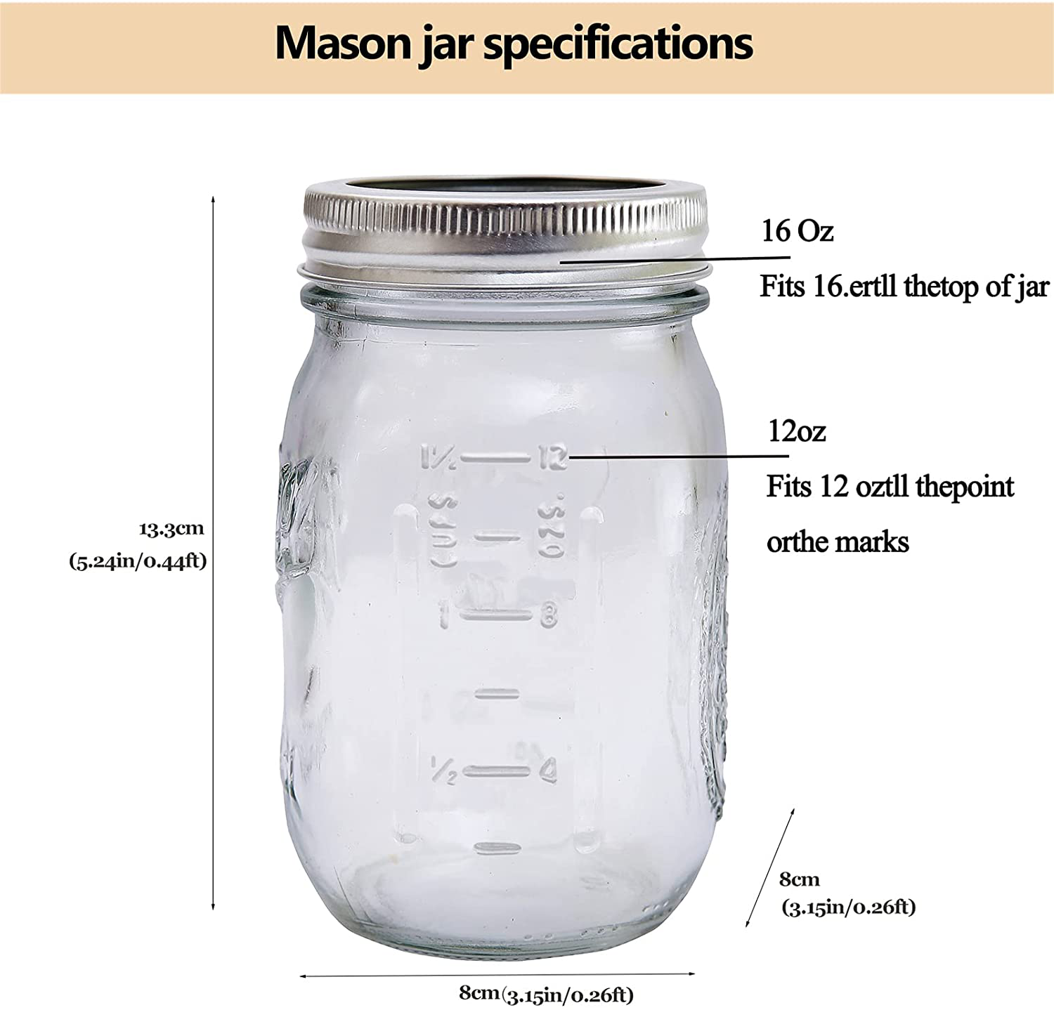 Mason Jars Regular Mouth Glass(6-Pack),16-Ounces Mason Jar,Clear Canning Jars with Lid and Band with Measurement Marks for Preserving,Meal Prep,Overnight Oats,Jam,Spice Jars