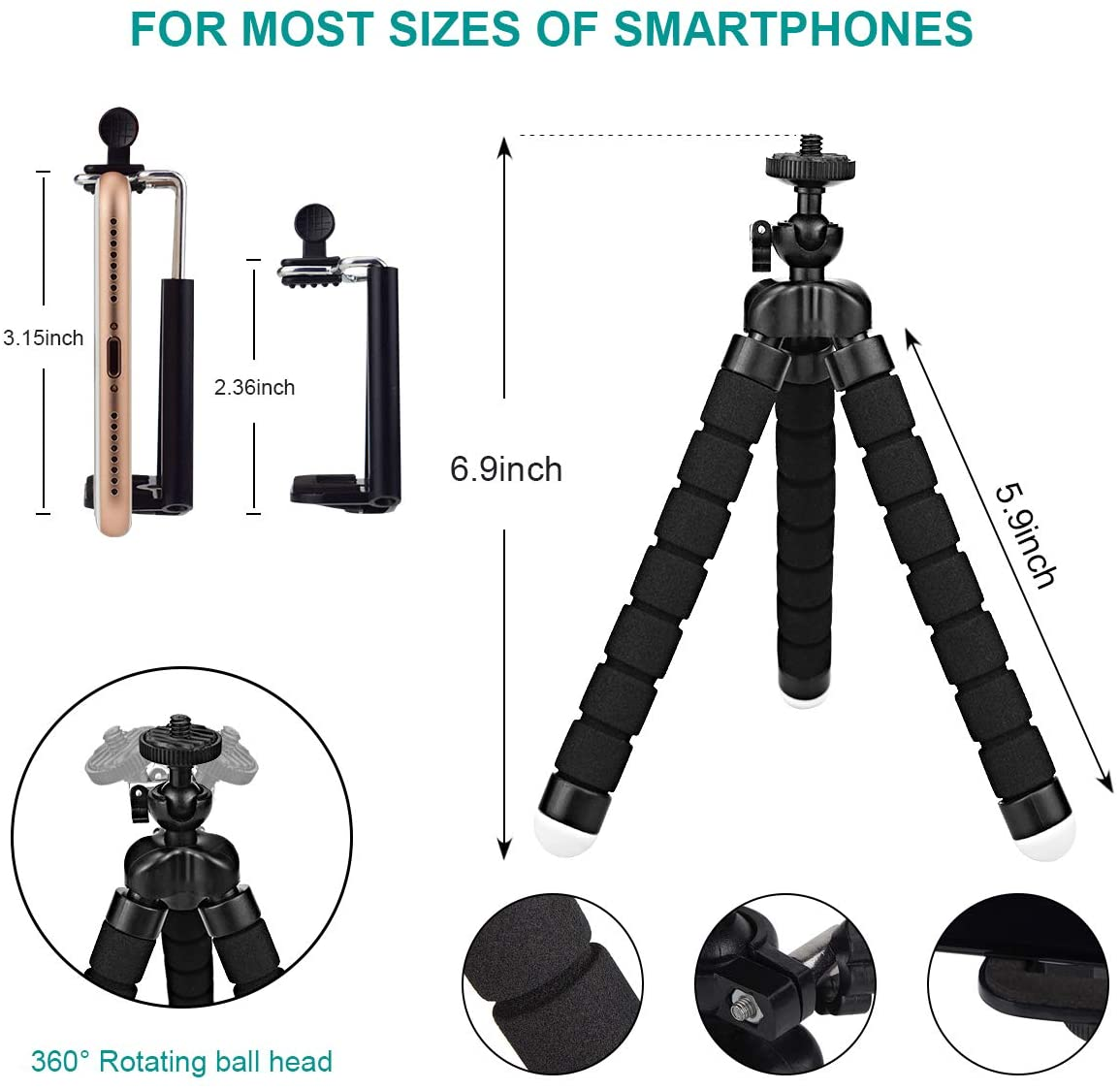 Mobile Phone Tripod Alfort Flexible and Portable Tripod 360 ° Rotatable Mini Tripod Stand with Bluetooth Remote for Iphone/Galaxy/Honor/Xperia/Redmi and Other Smartphones（Black）