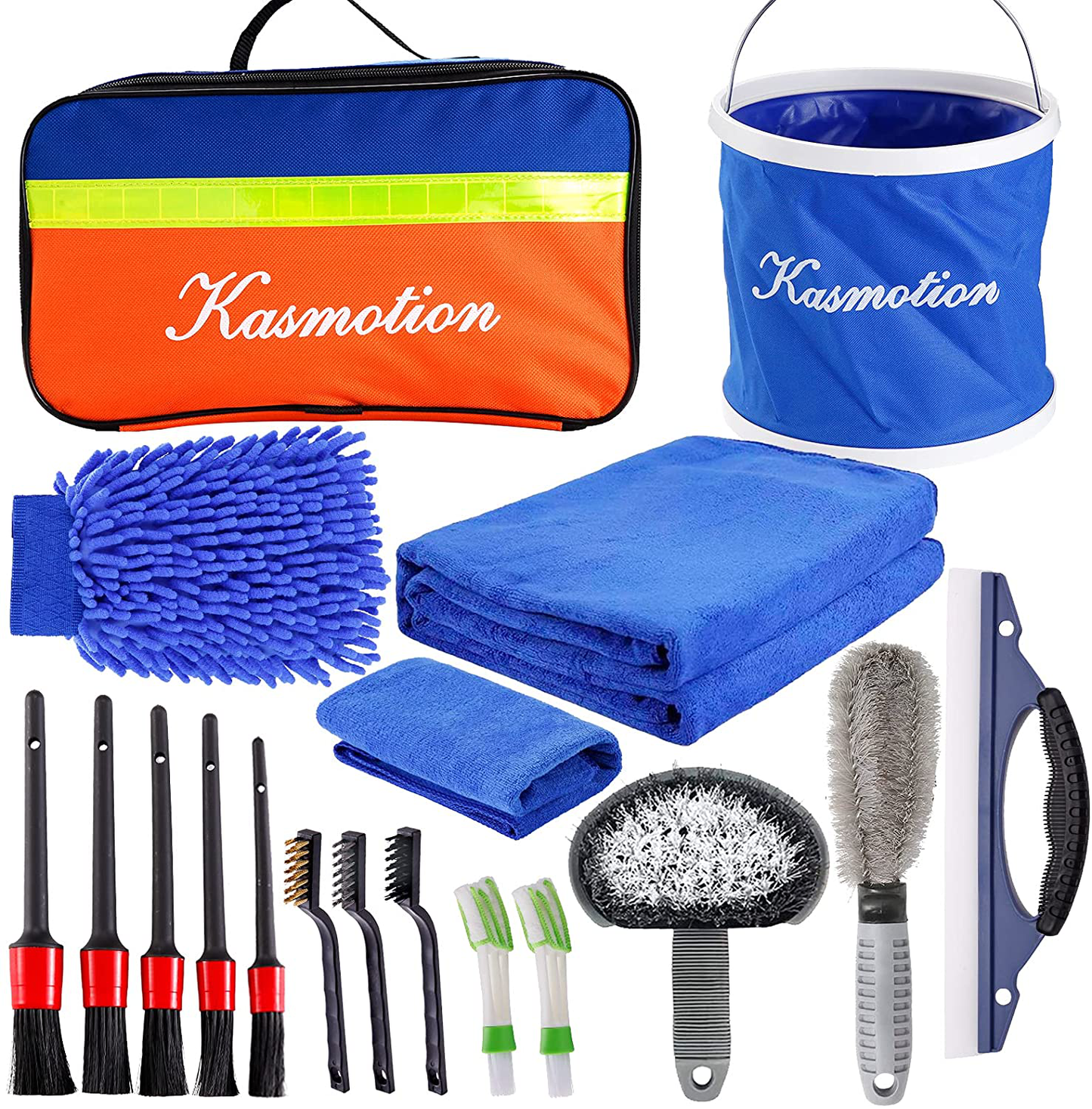 Kasmotion Car Wash Kit, 18 Pcs Car Cleaning Kit Interior Detailing and Exterior, Car Wash Cleaning Tools for Automotive Cleaning Wheels,Engine,Console Dashboard,Leather, Air Vents, Emblems