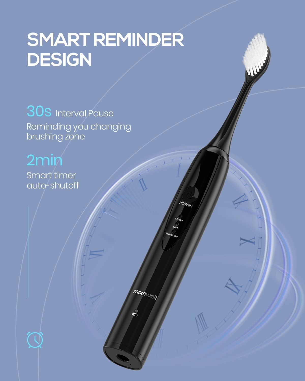 Sonic Electric Toothbrush, Mornwell Whitening Electric Toothbrush 3 Modes with Smart Timers USB Inductive Charging for Adults and Kids, Clean Teeth, Massage Gum, Whitening Teeth
