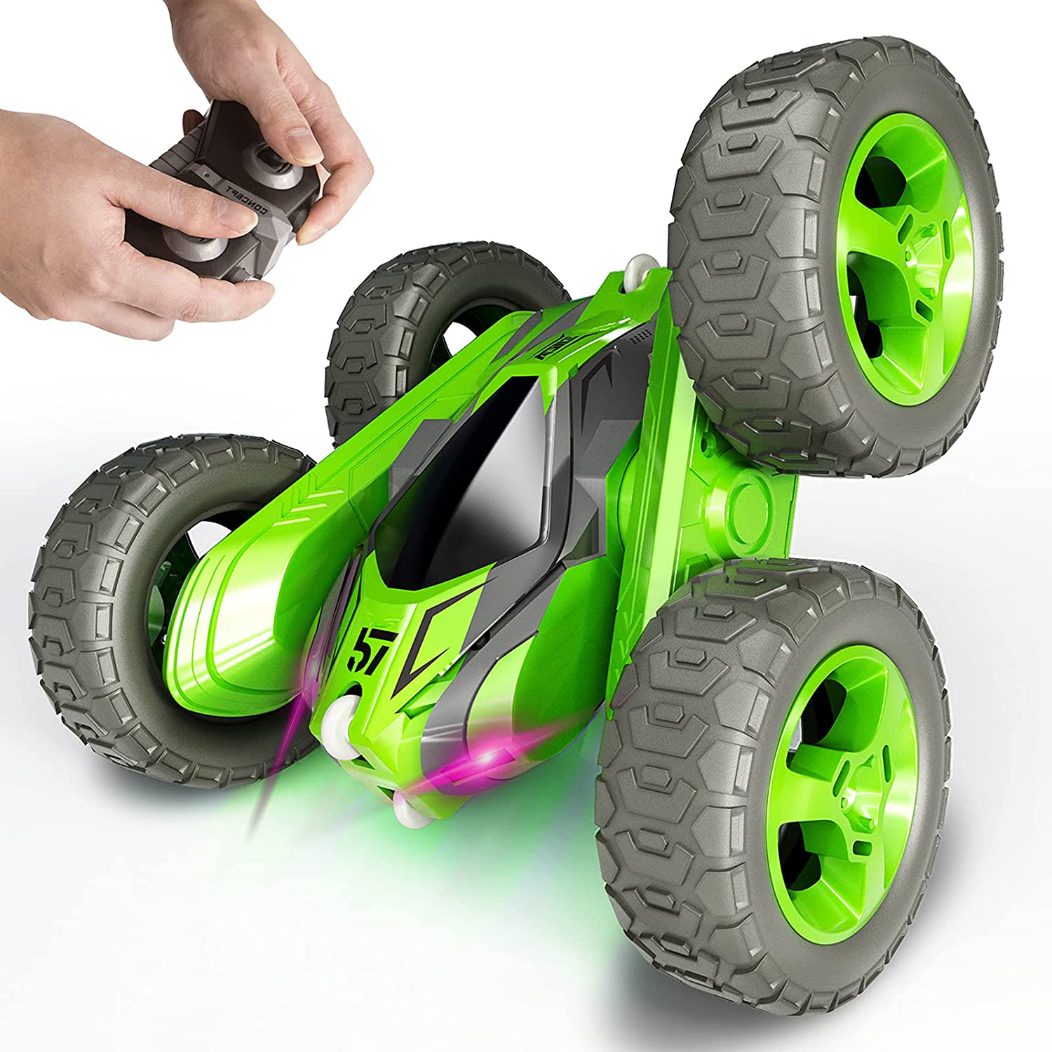 Tecnock Remote Control Car for Kids,360 ° Rotating Double Sided Flip RC Stunt Car,2.4Ghz 4WD Toy Car with Rechargeable Battery for 45 Min Play,Great Gifts for Boys and Girls(Green)